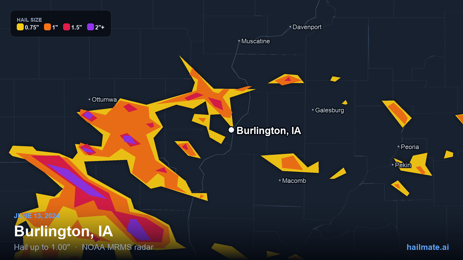 Hail swath map for Burlington, IA on June 13, 2024 showing 1.00 inch hail.