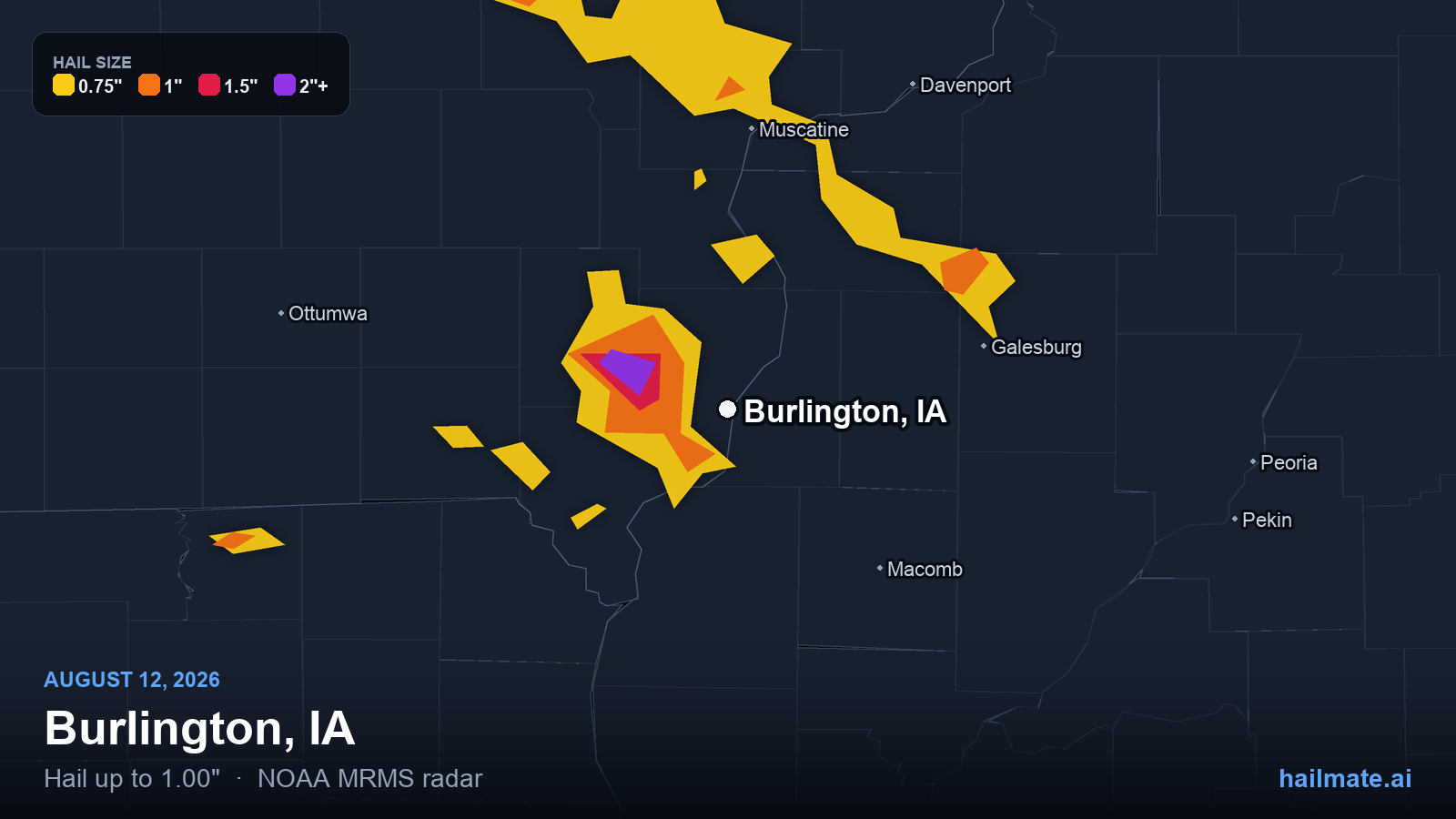 Hail swath map for Burlington, IA on August 12, 2026 showing 1.00 inch hail.
