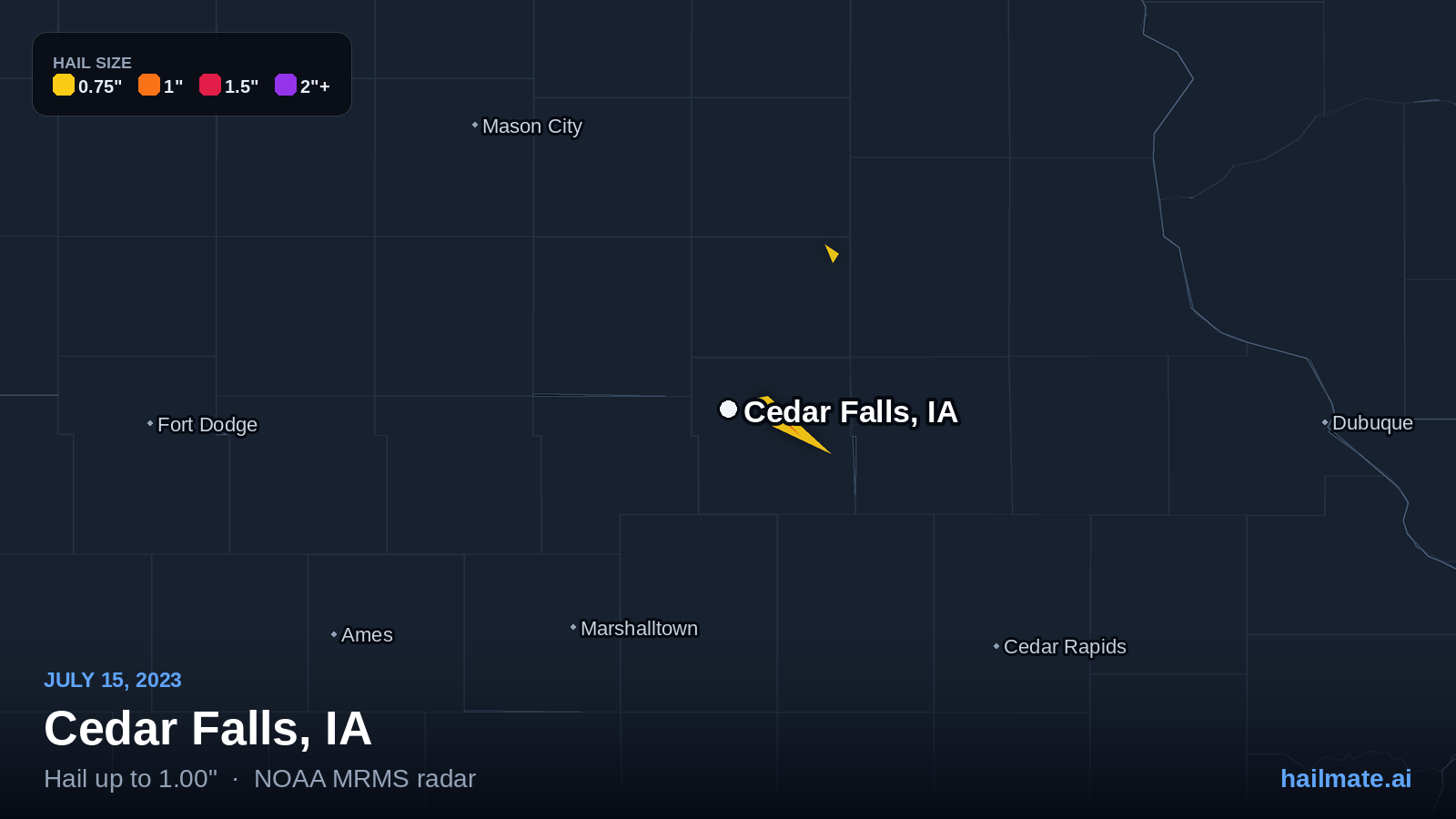Hail swath map for Cedar Falls, IA on July 15, 2023 showing 1.00 inch hail.