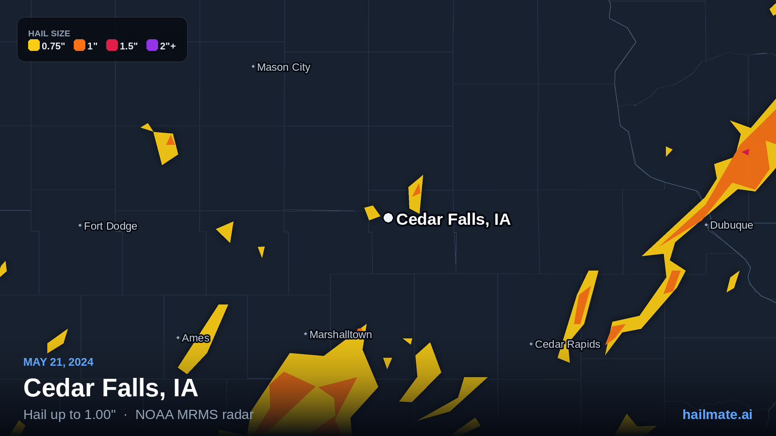 Hail swath map for Cedar Falls, IA on May 21, 2024 showing 1.00 inch hail.
