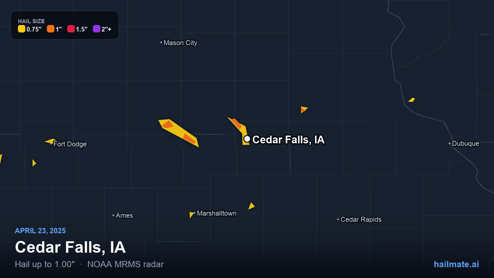 Hail swath map for Cedar Falls, IA on April 23, 2025 showing 1.00 inch hail.