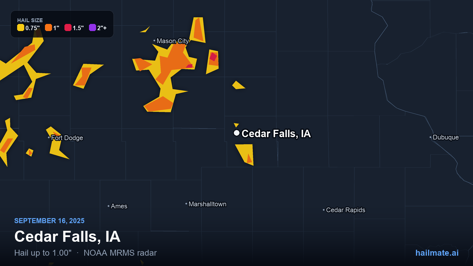 Hail swath map for Cedar Falls, IA on September 16, 2025 showing 1.00 inch hail.