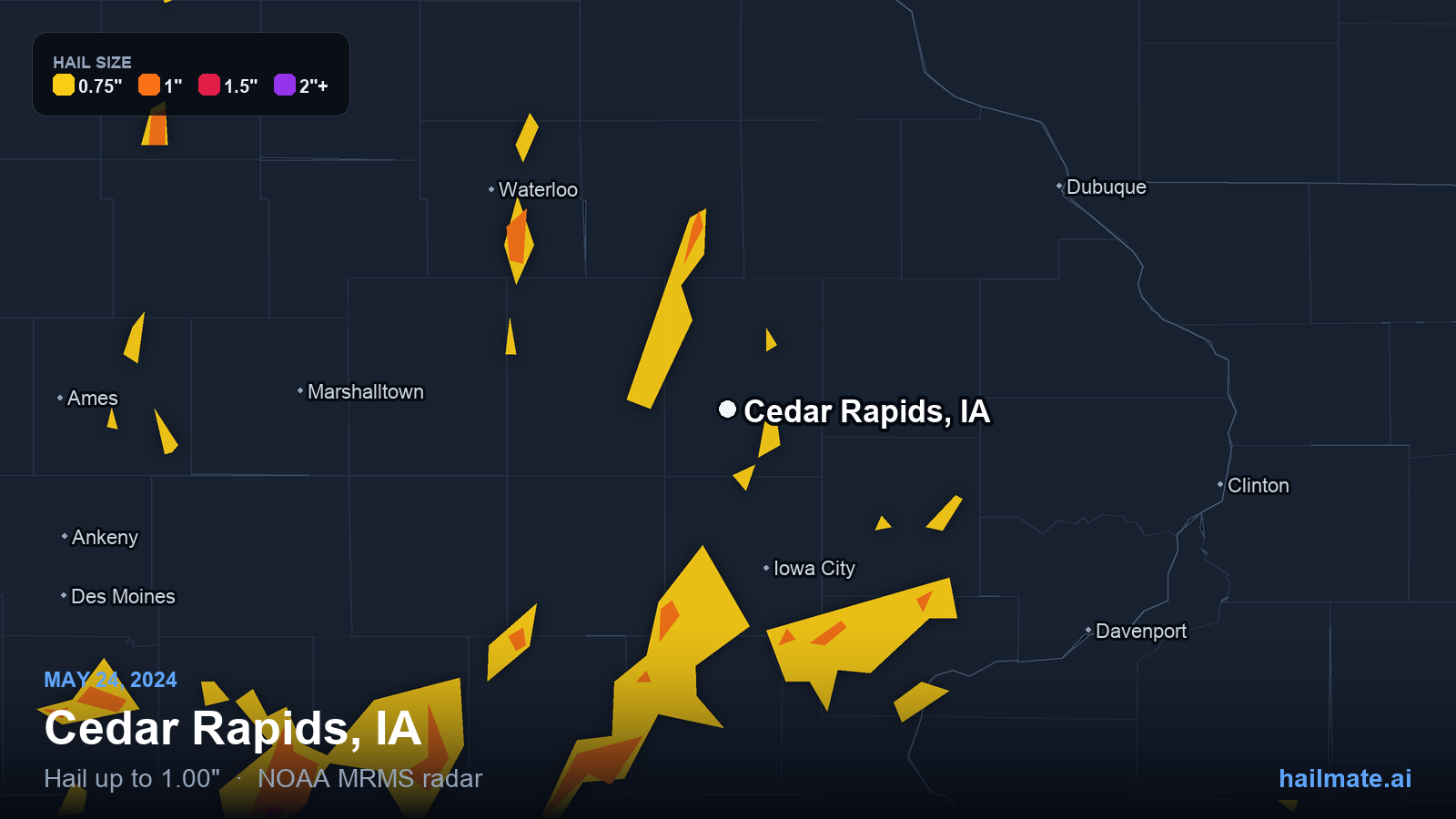 Hail swath map for Cedar Rapids, IA on May 24, 2024 showing 1.00 inch hail.