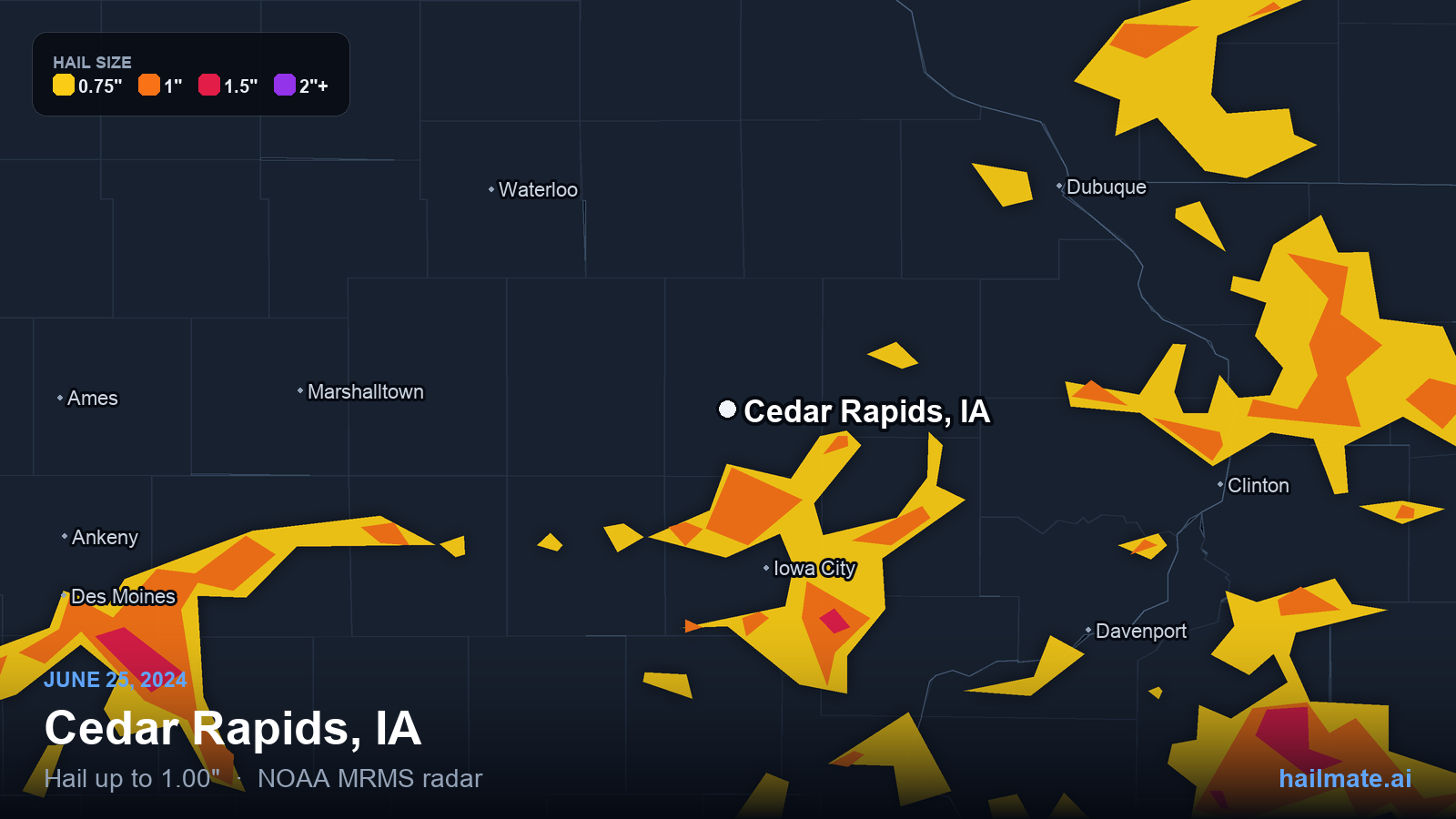 Hail swath map for Cedar Rapids, IA on June 25, 2024 showing 1.00 inch hail.