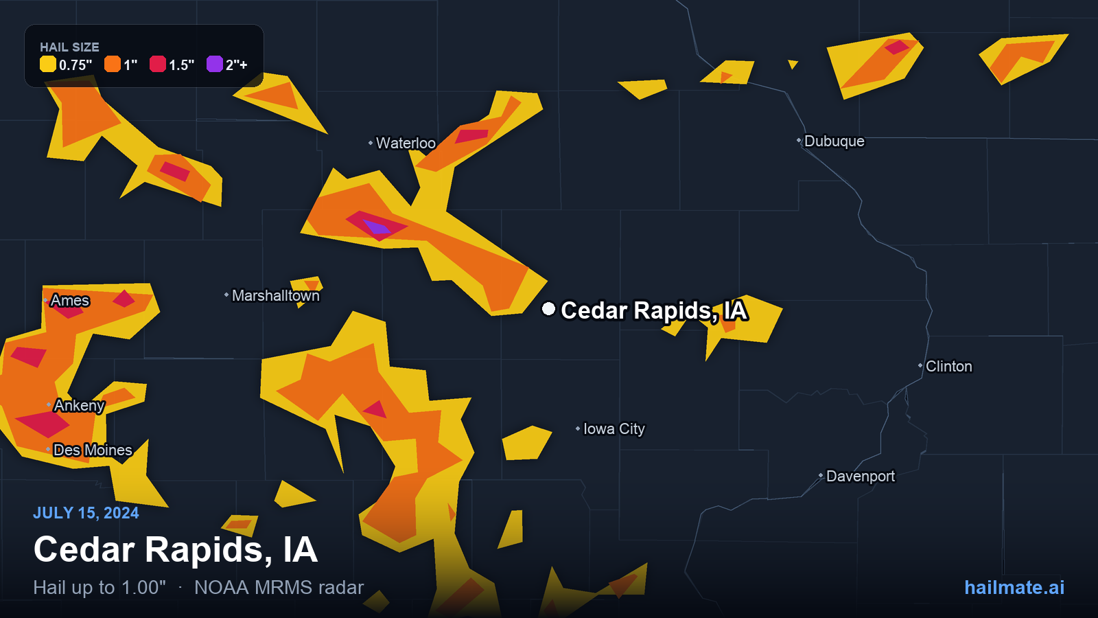 Hail swath map for Cedar Rapids, IA on July 15, 2024 showing 1.00 inch hail.