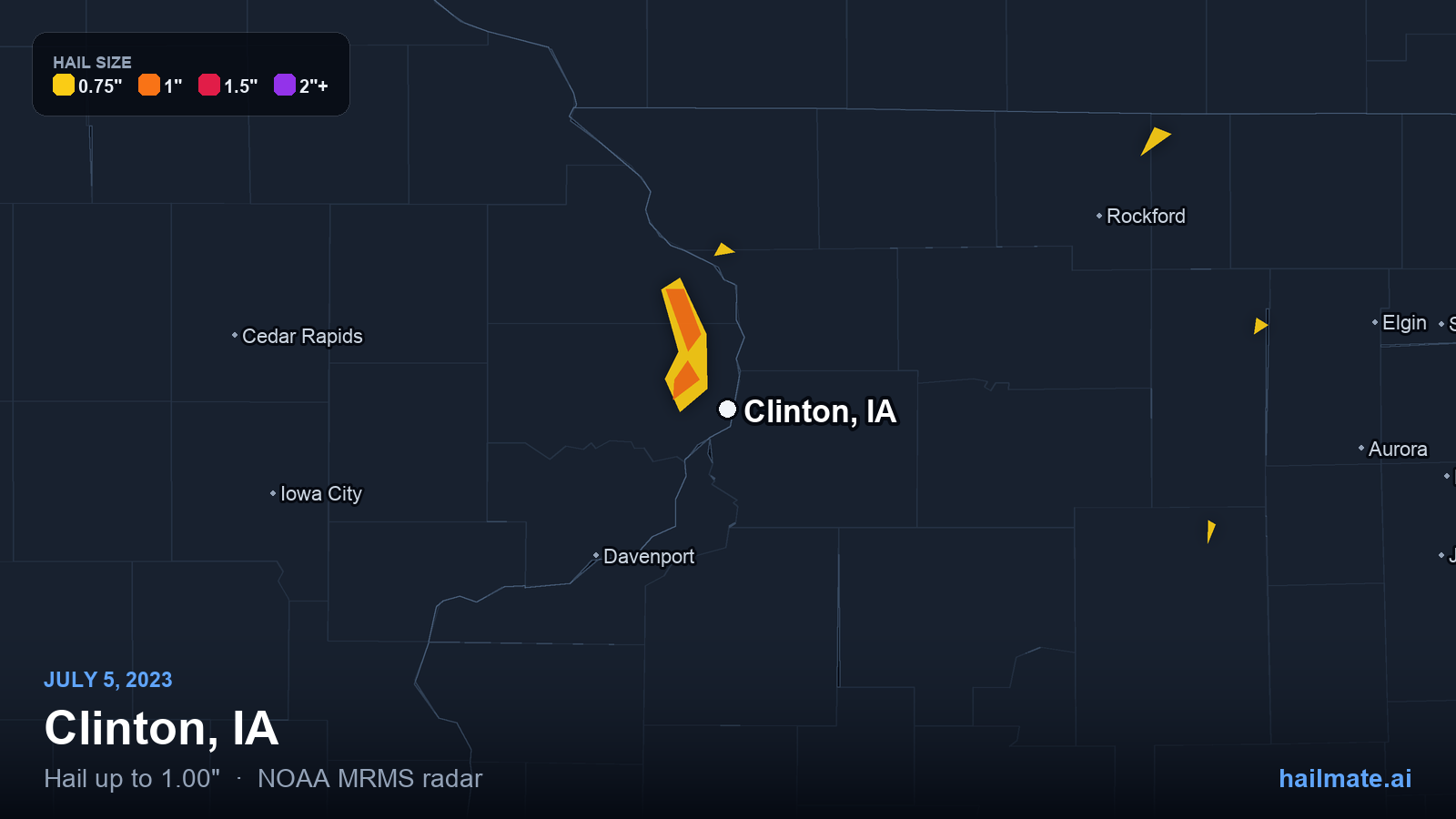 Hail swath map for Clinton, IA on July 5, 2023 showing 1.00 inch hail.
