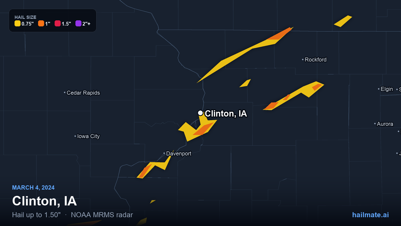 Hail swath map for Clinton, IA on March 4, 2024 showing 1.50 inch hail.