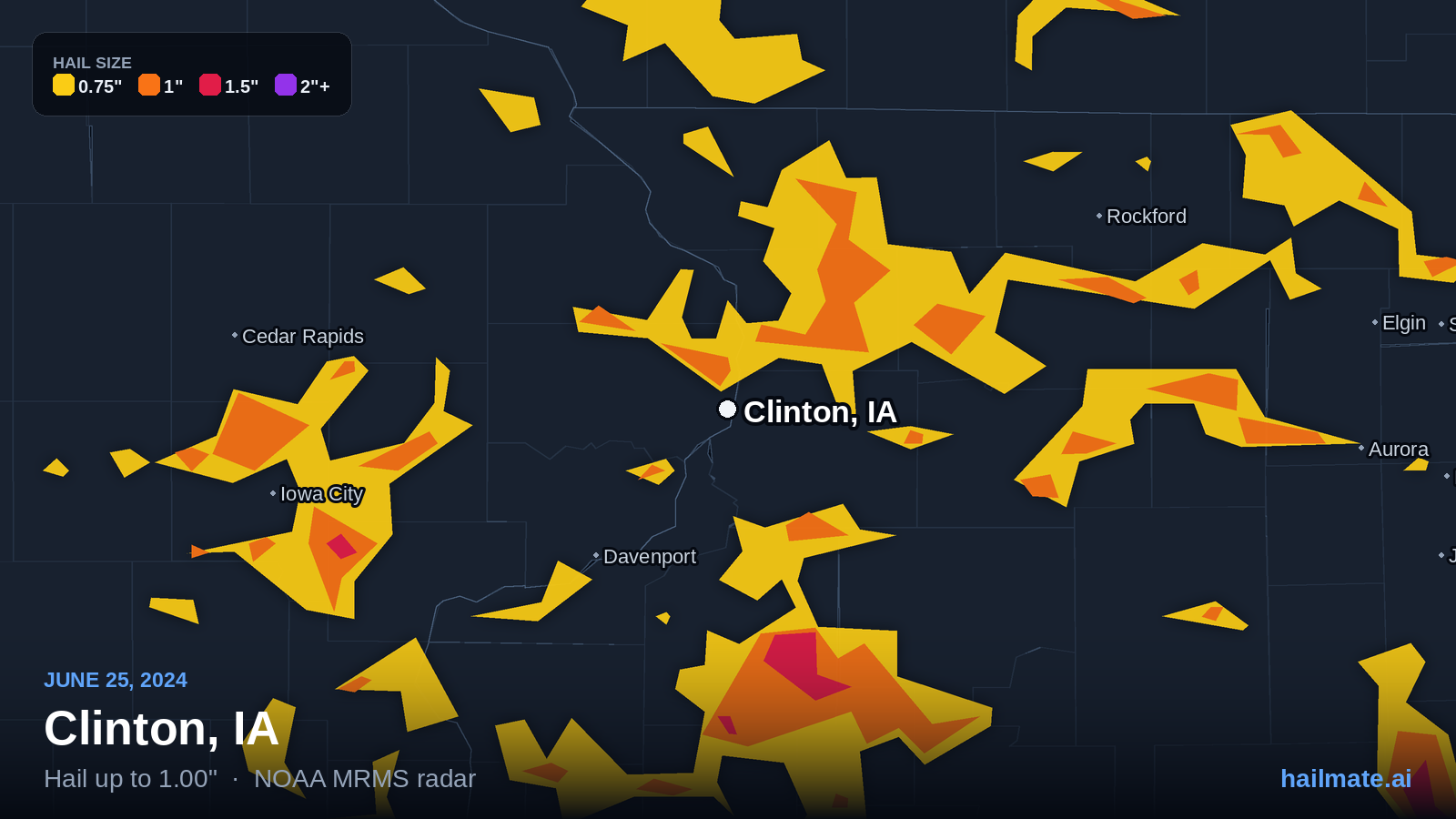 Hail swath map for Clinton, IA on June 25, 2024 showing 1.00 inch hail.
