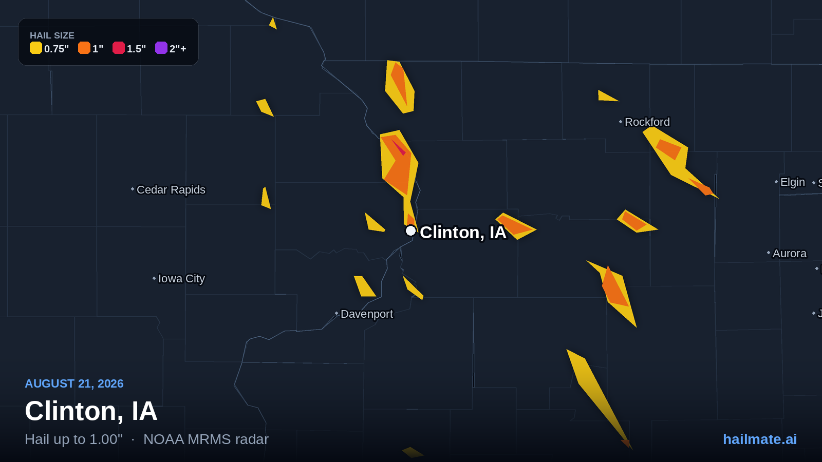 Hail swath map for Clinton, IA on August 21, 2026 showing 1.00 inch hail.