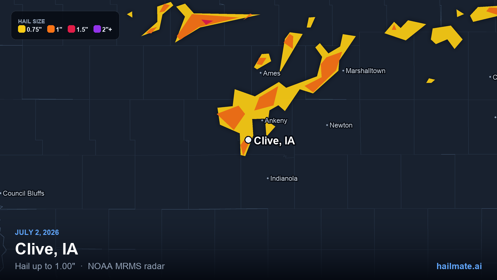 Hail swath map for Clive, IA on July 2, 2026 showing 1.00 inch hail.