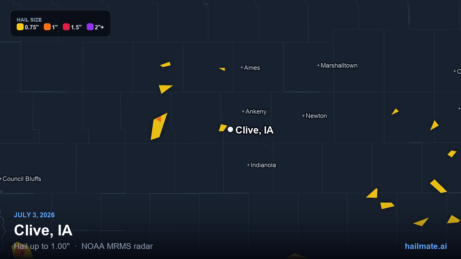Hail swath map for Clive, IA on July 3, 2026 showing 1.00 inch hail.