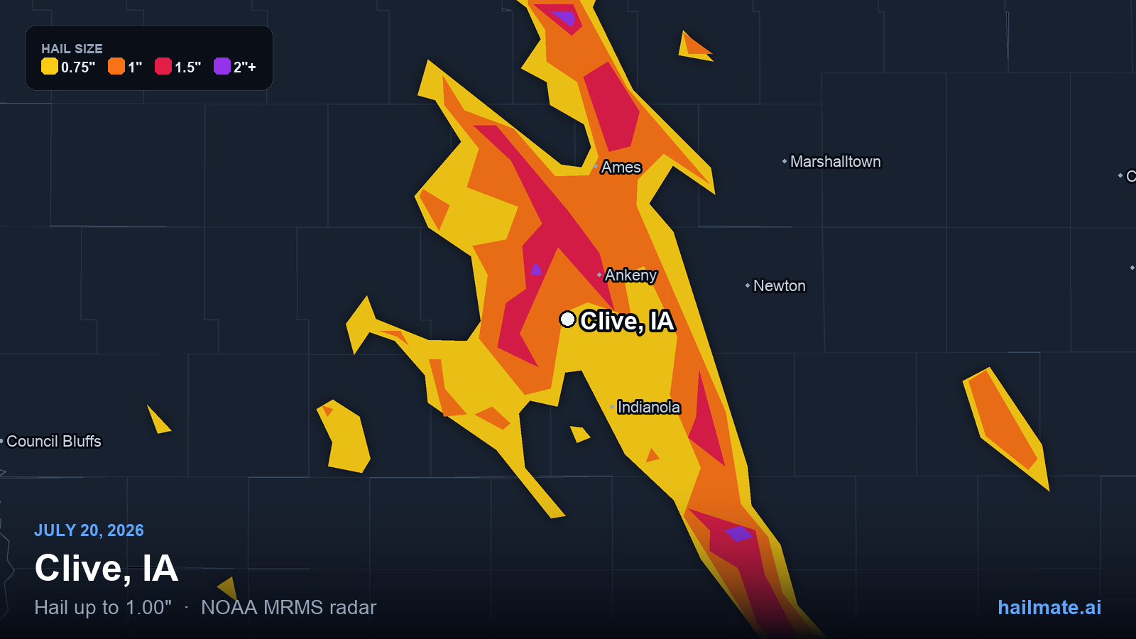 Hail swath map for Clive, IA on July 20, 2026 showing 1.00 inch hail.