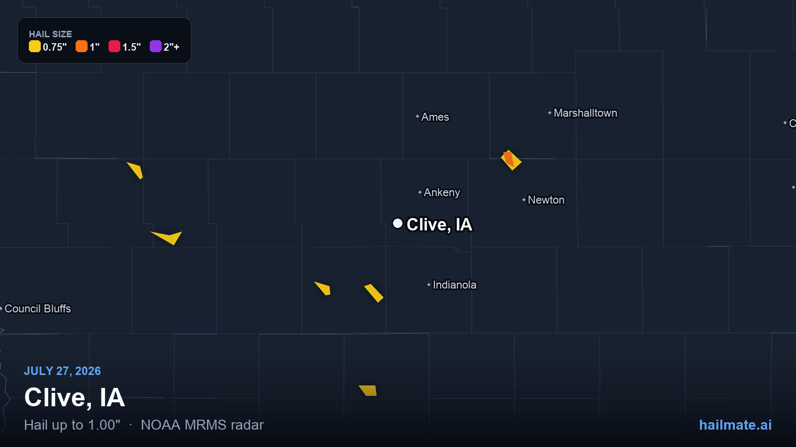 Hail swath map for Clive, IA on July 27, 2026 showing 1.00 inch hail.