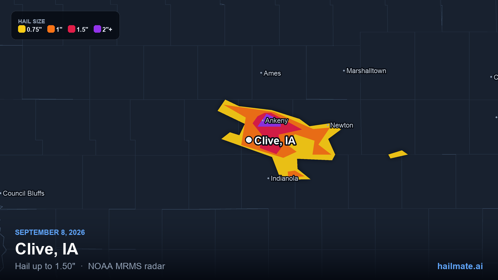 Hail swath map for Clive, IA on September 8, 2026 showing 1.50 inch hail.