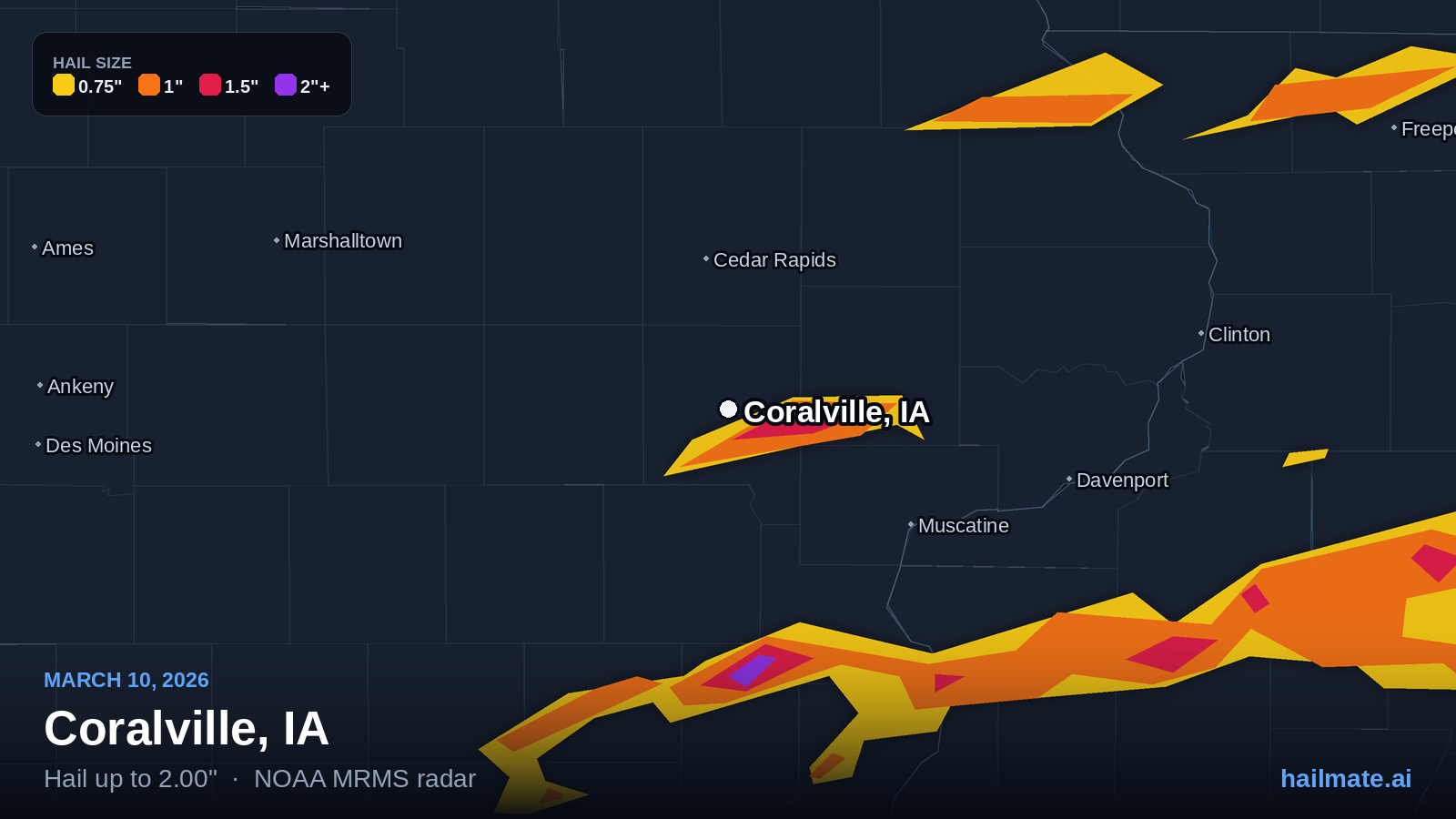 Hail swath map for Coralville, IA on March 10, 2026 showing 2.00 inch hail.