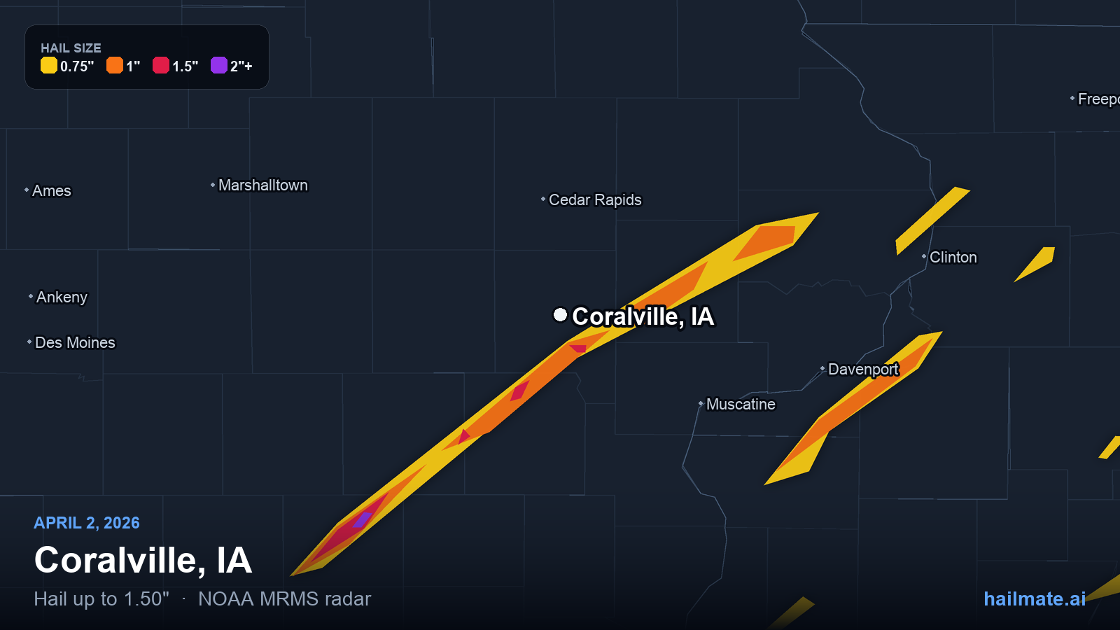 Hail swath map for Coralville, IA on April 2, 2026 showing 1.50 inch hail.