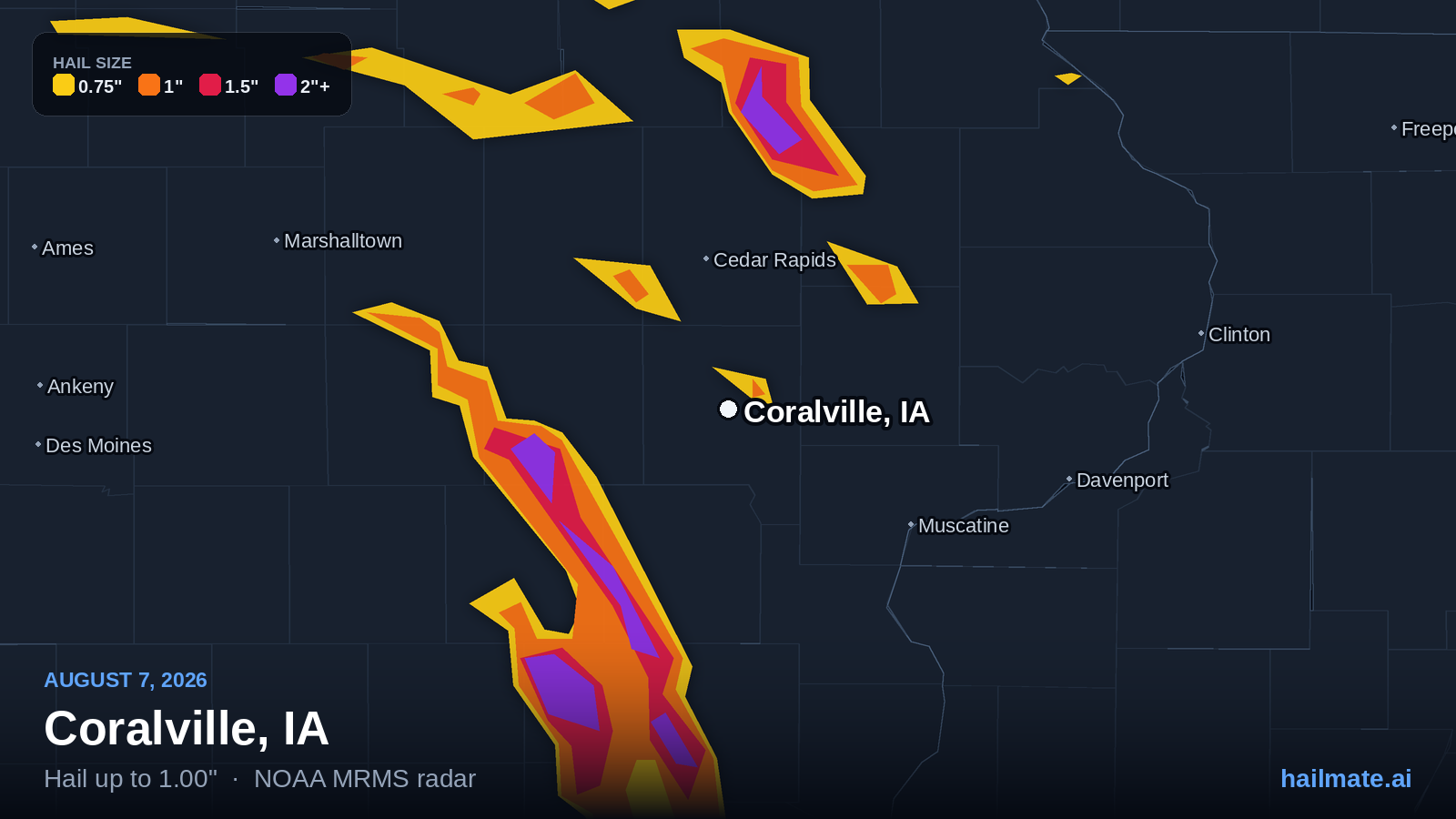 Hail swath map for Coralville, IA on August 7, 2026 showing 1.00 inch hail.