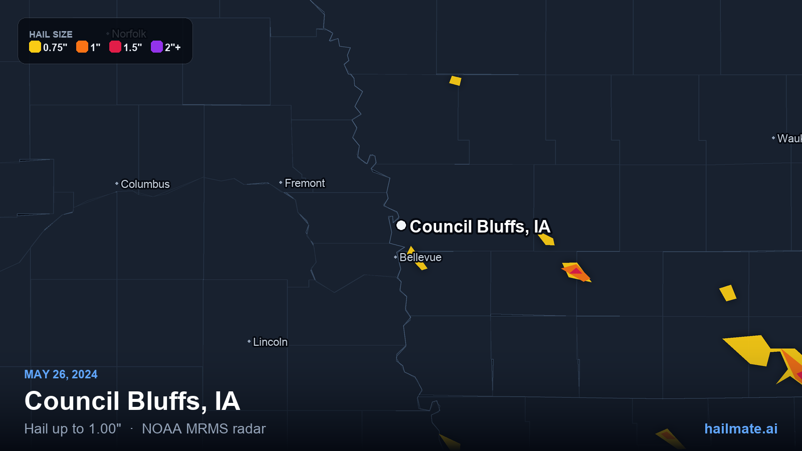 Hail swath map for Council Bluffs, IA on May 26, 2024 showing 1.00 inch hail.