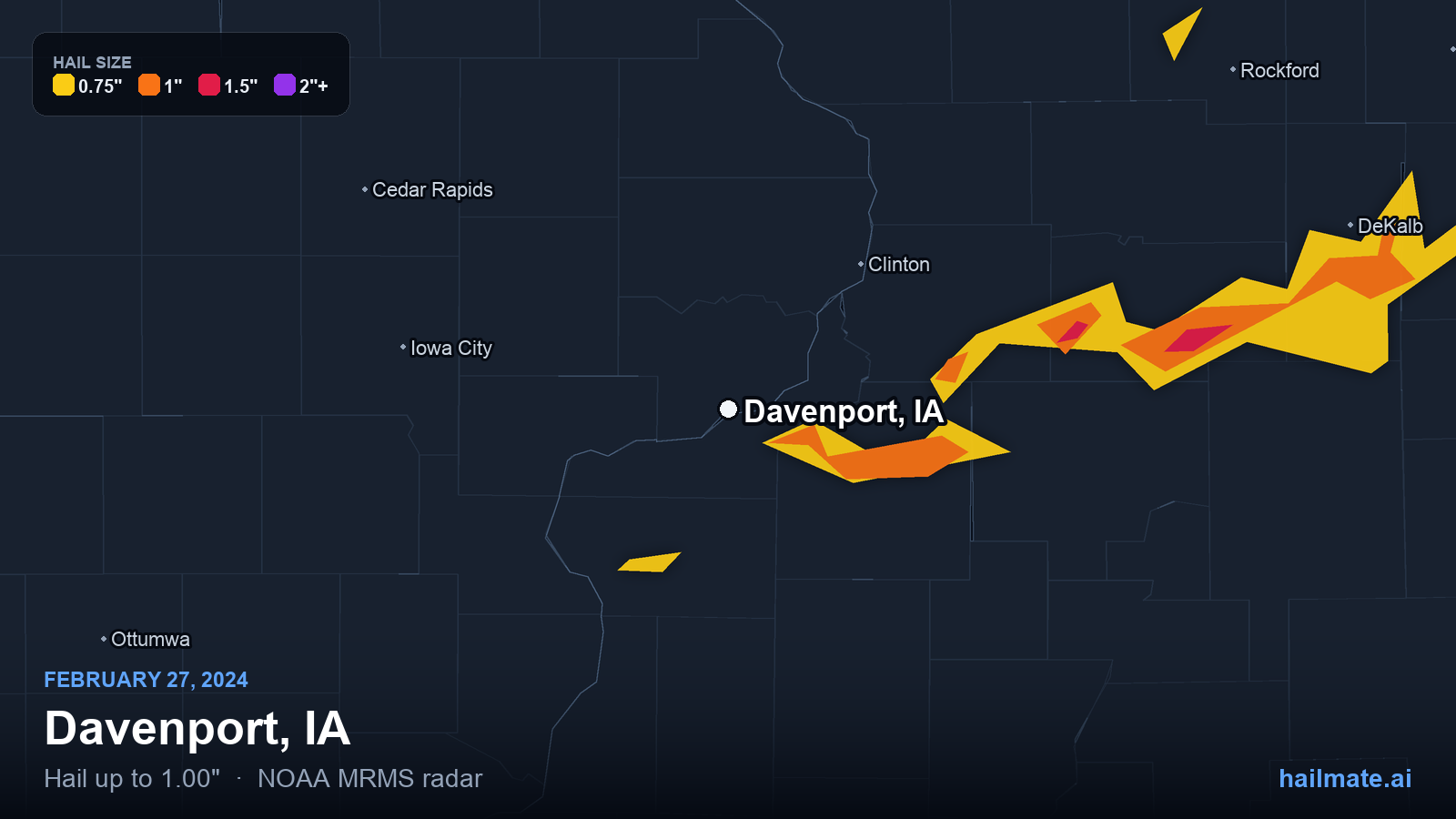 Hail swath map for Davenport, IA on February 27, 2024 showing 1.00 inch hail.