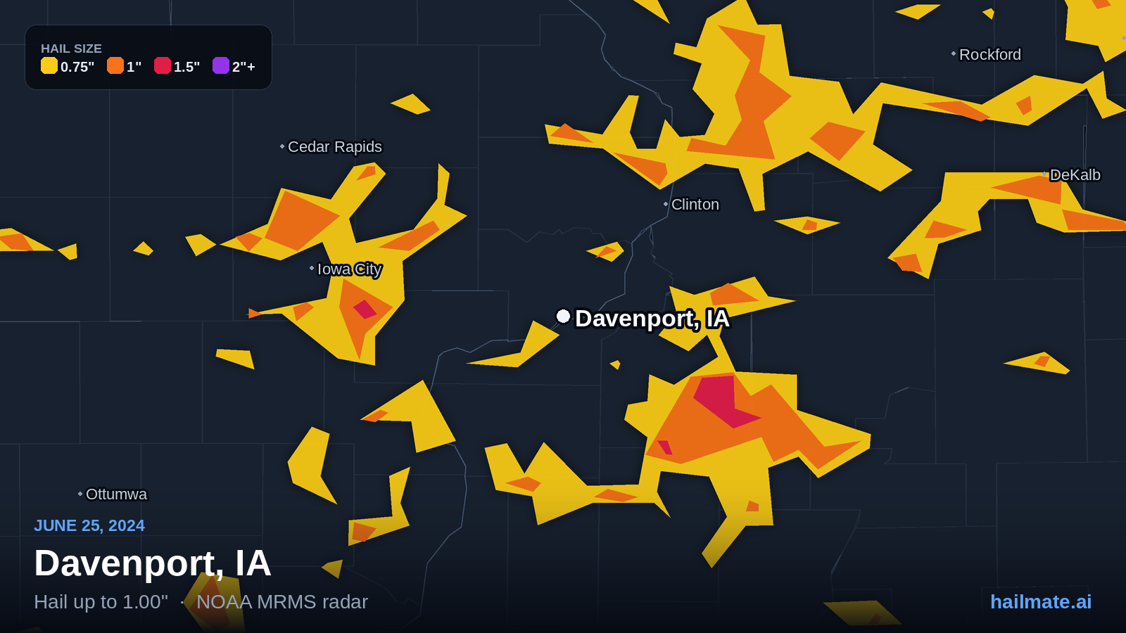 Hail swath map for Davenport, IA on June 25, 2024 showing 1.00 inch hail.
