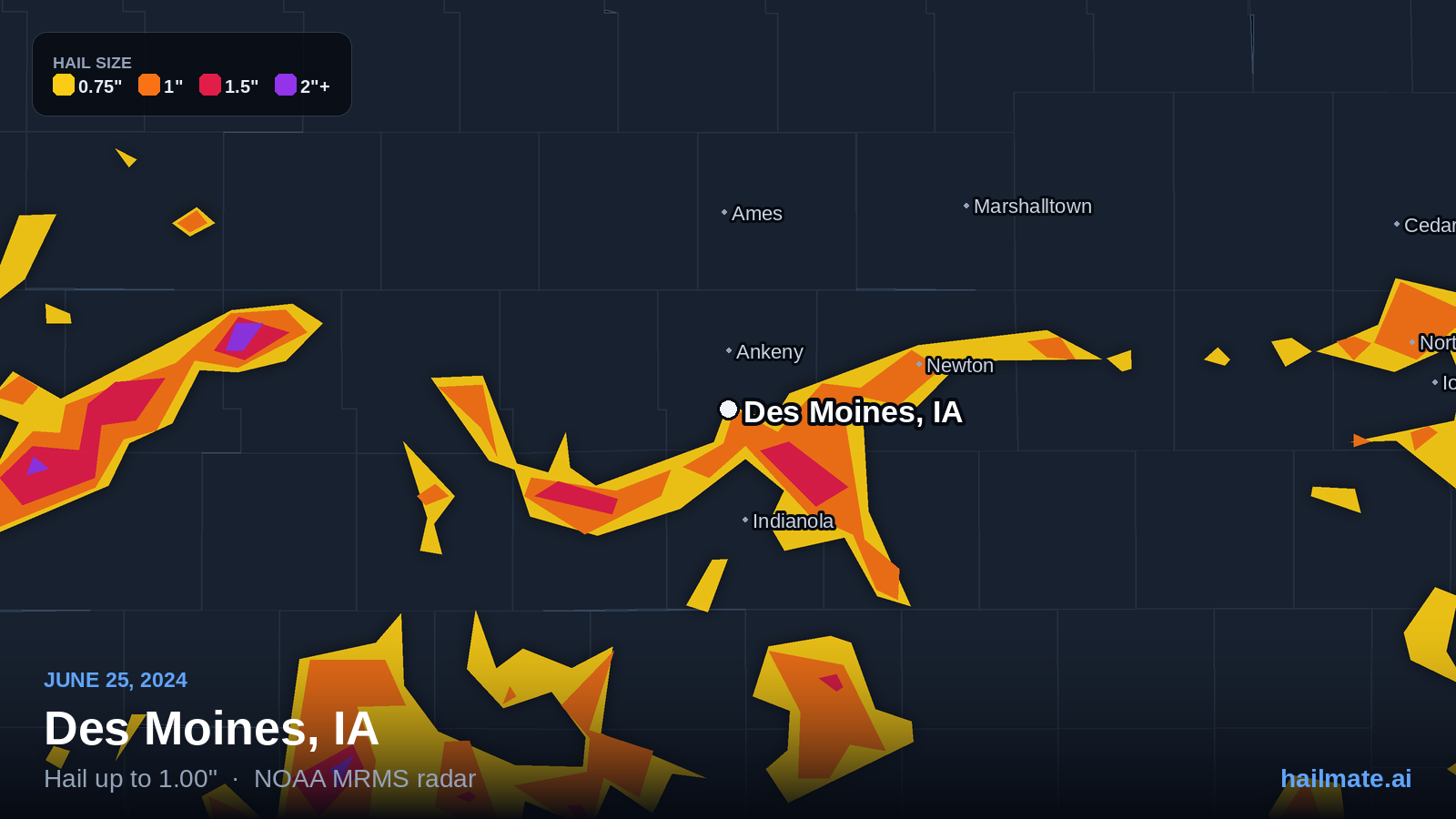 Hail swath map for Des Moines, IA on June 25, 2024 showing 1.00 inch hail.