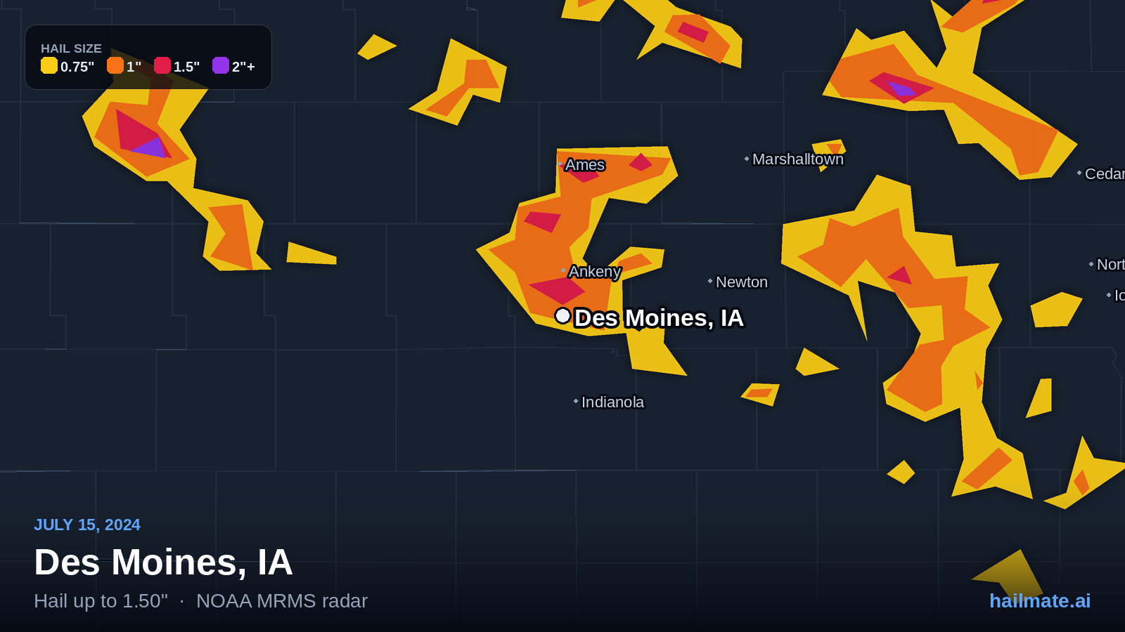 Hail swath map for Des Moines, IA on July 15, 2024 showing 1.50 inch hail.