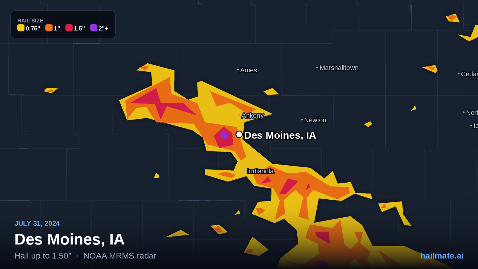 Hail swath map for Des Moines, IA on July 31, 2024 showing 1.50 inch hail.