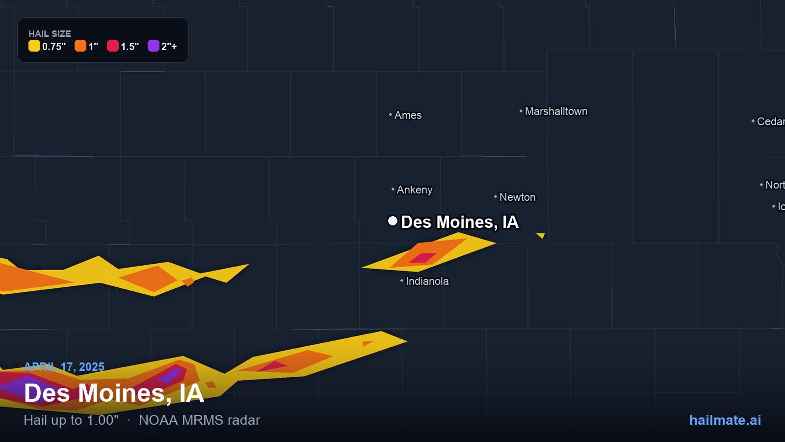 Hail swath map for Des Moines, IA on April 17, 2025 showing 1.00 inch hail.