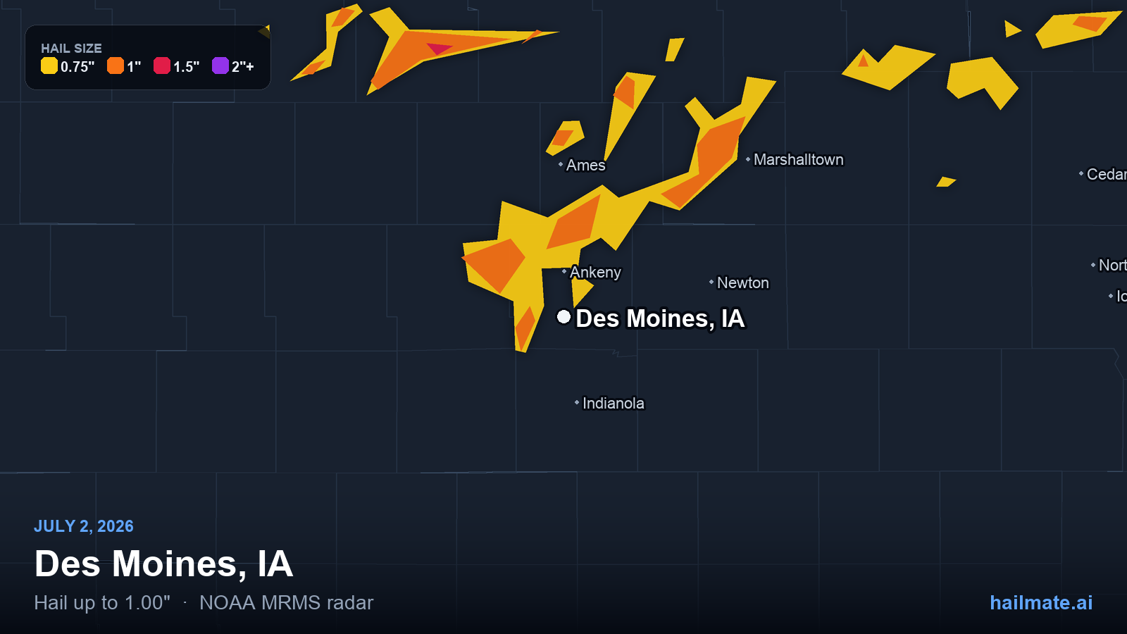 Hail swath map for Des Moines, IA on July 2, 2026 showing 1.00 inch hail.