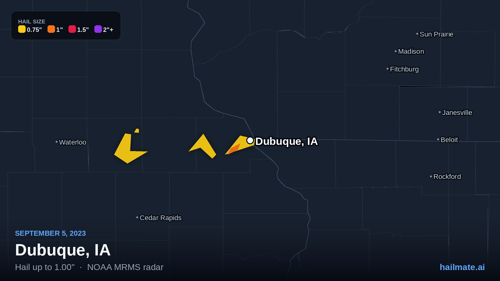 Hail swath map for Dubuque, IA on September 5, 2023 showing 1.00 inch hail.