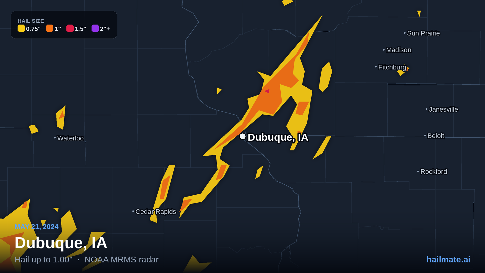 Hail swath map for Dubuque, IA on May 21, 2024 showing 1.00 inch hail.
