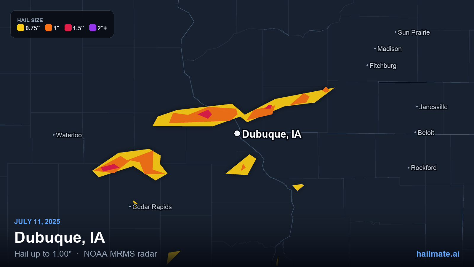 Hail swath map for Dubuque, IA on July 11, 2025 showing 1.00 inch hail.