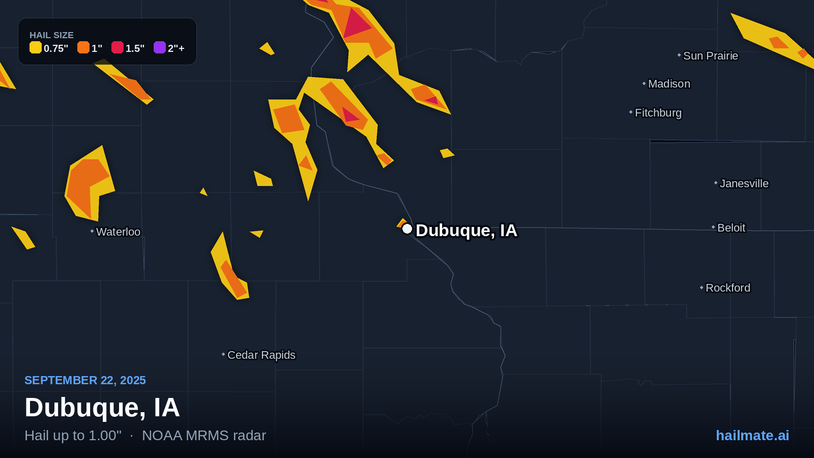 Hail swath map for Dubuque, IA on September 22, 2025 showing 1.00 inch hail.