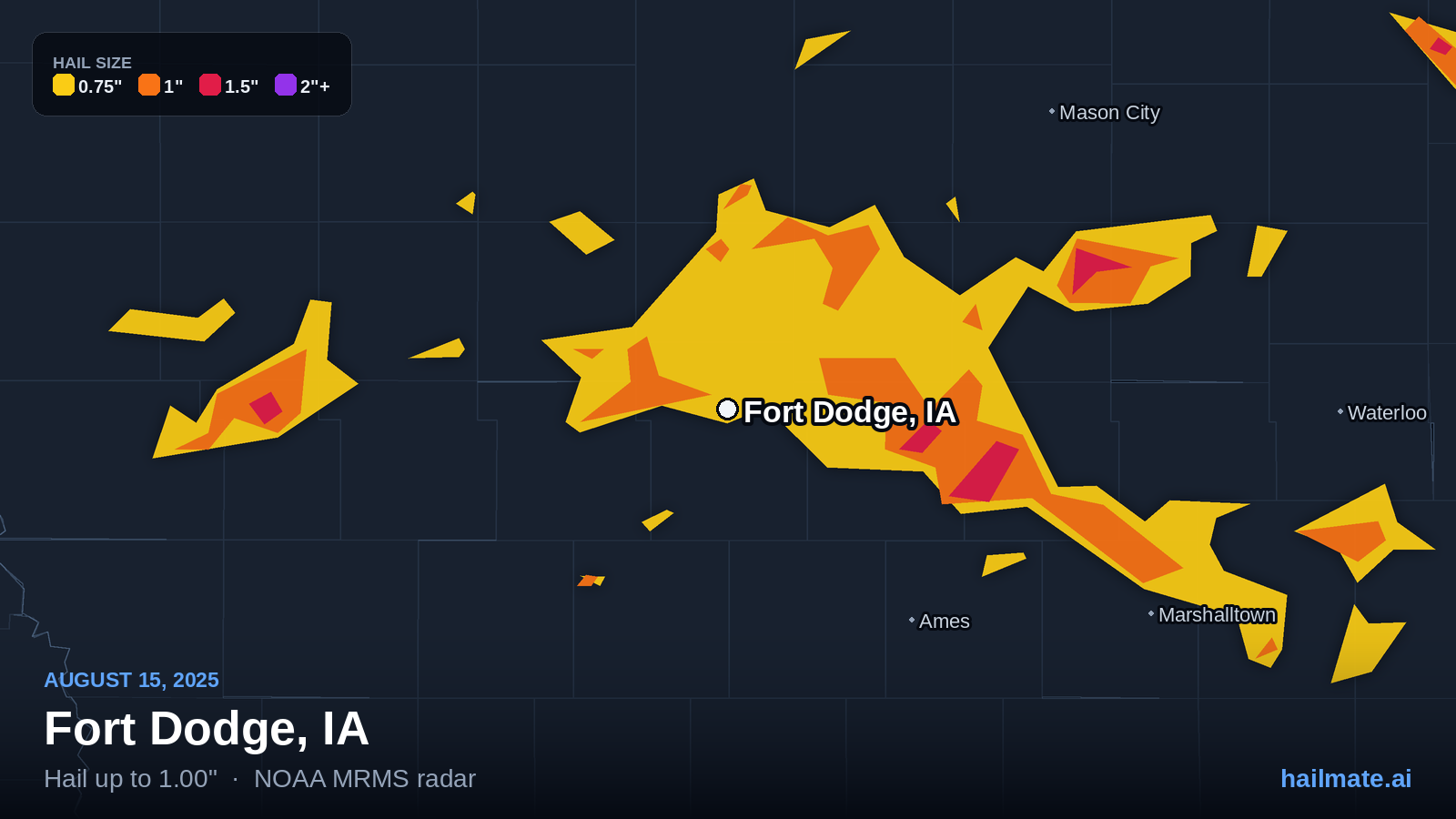 Hail swath map for Fort Dodge, IA on August 15, 2025 showing 1.00 inch hail.