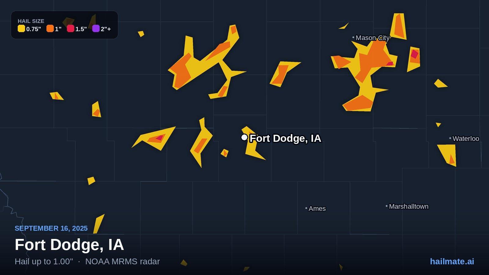 Hail swath map for Fort Dodge, IA on September 16, 2025 showing 1.00 inch hail.