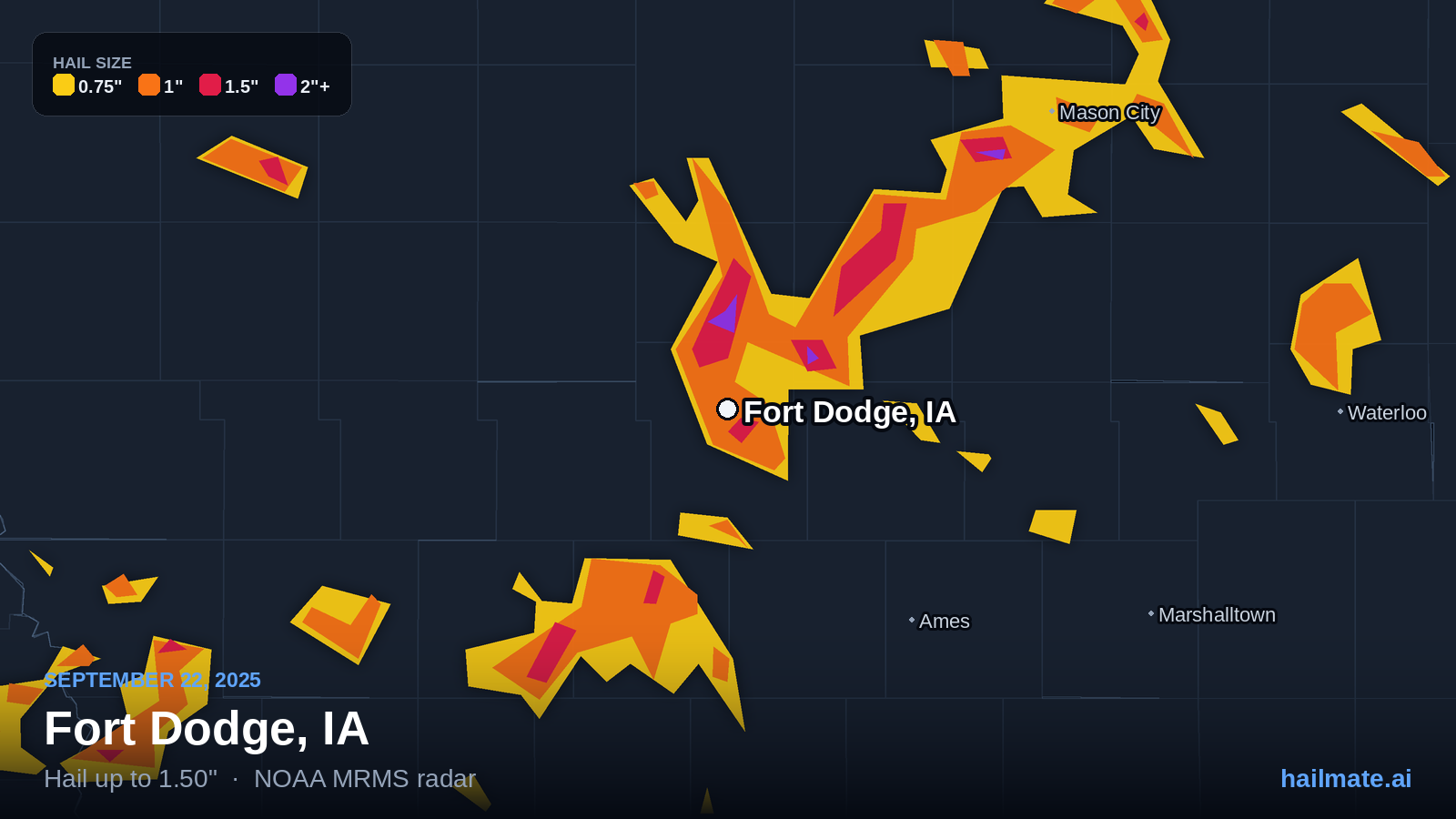 Hail swath map for Fort Dodge, IA on September 22, 2025 showing 1.50 inch hail.