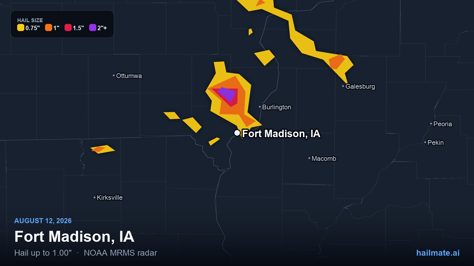 Hail swath map for Fort Madison, IA on August 12, 2026 showing 1.00 inch hail.