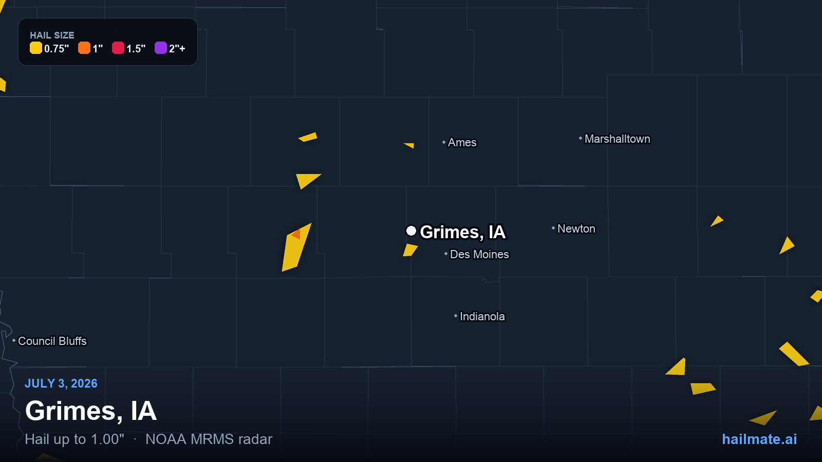 Hail swath map for Grimes, IA on July 3, 2026 showing 1.00 inch hail.