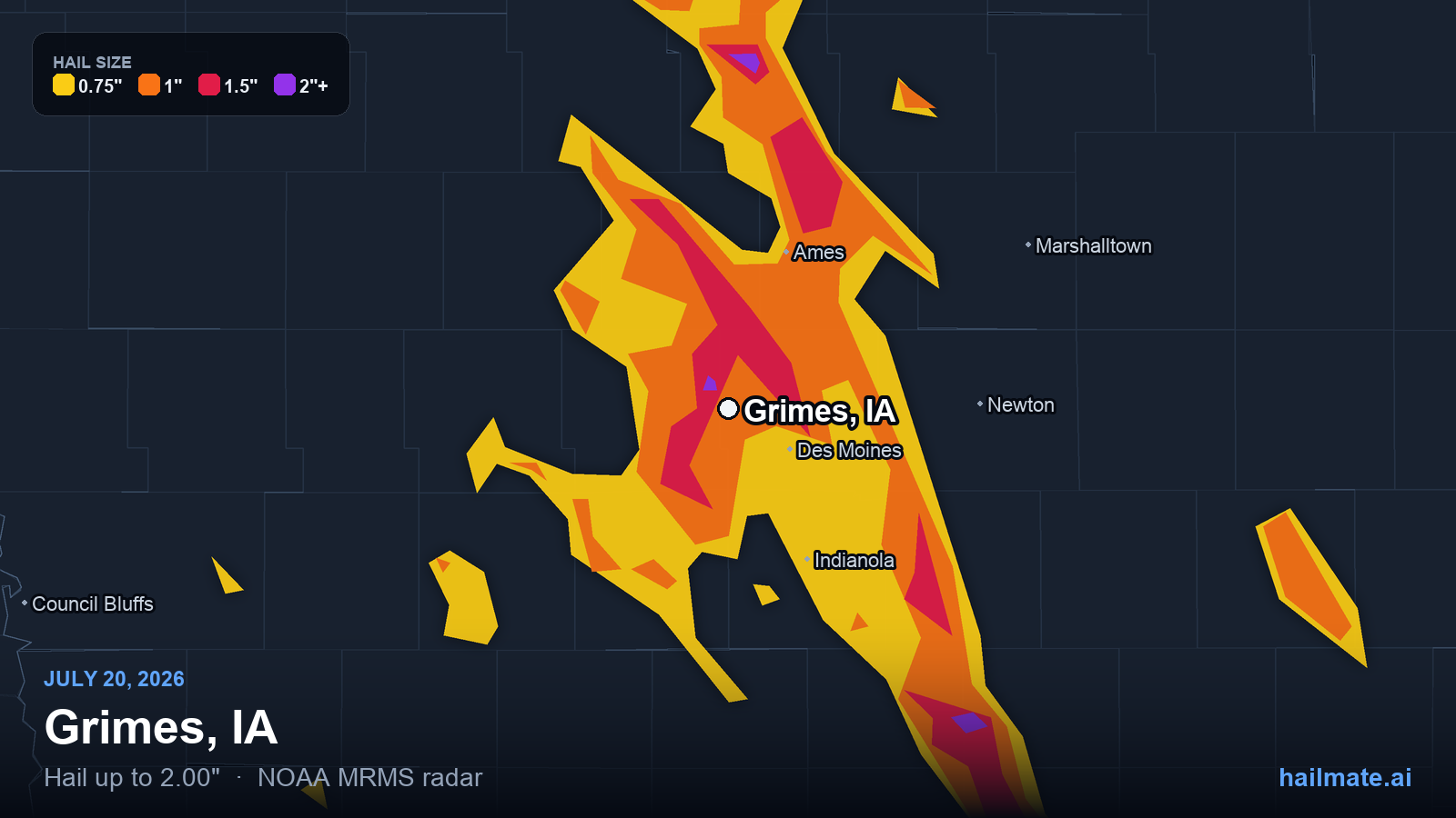 Hail swath map for Grimes, IA on July 20, 2026 showing 2.00 inch hail.