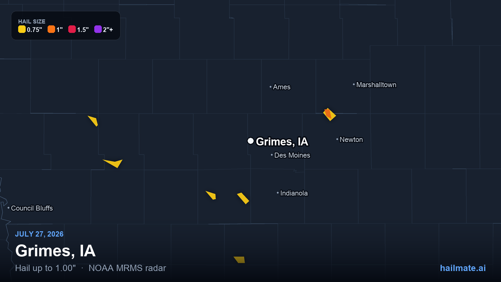 Hail swath map for Grimes, IA on July 27, 2026 showing 1.00 inch hail.
