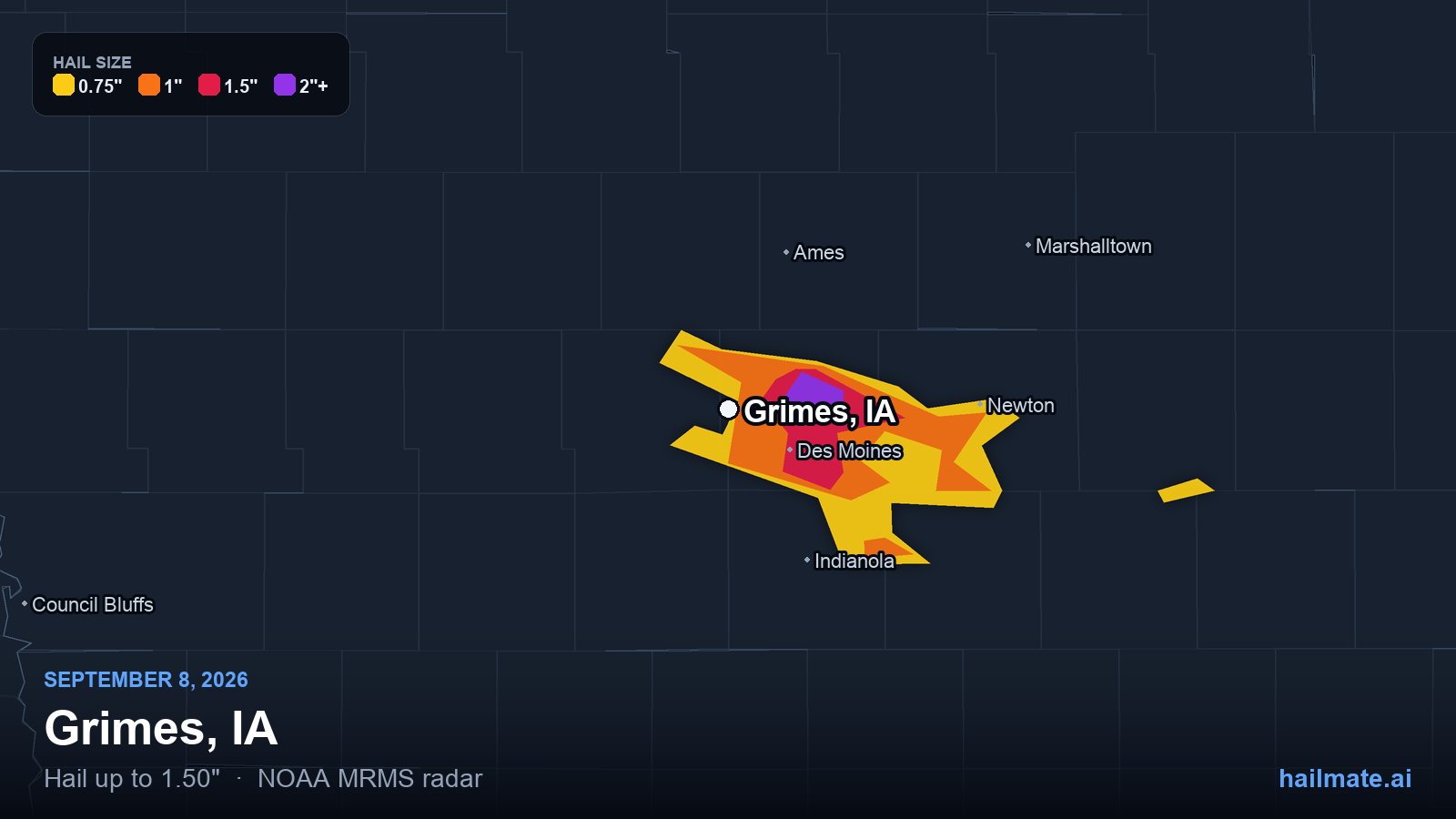 Hail swath map for Grimes, IA on September 8, 2026 showing 1.50 inch hail.