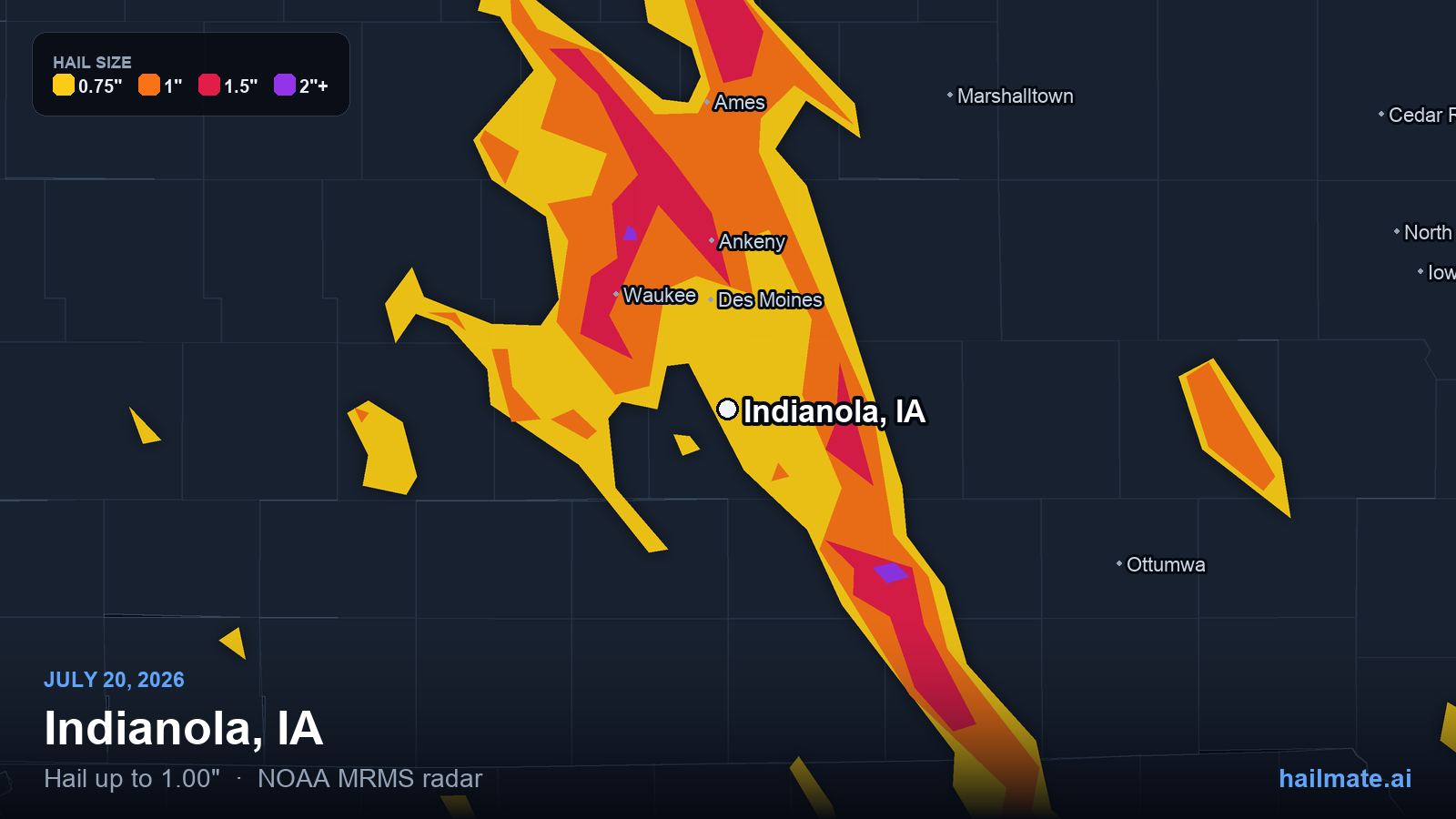 Hail swath map for Indianola, IA on July 20, 2026 showing 1.00 inch hail.