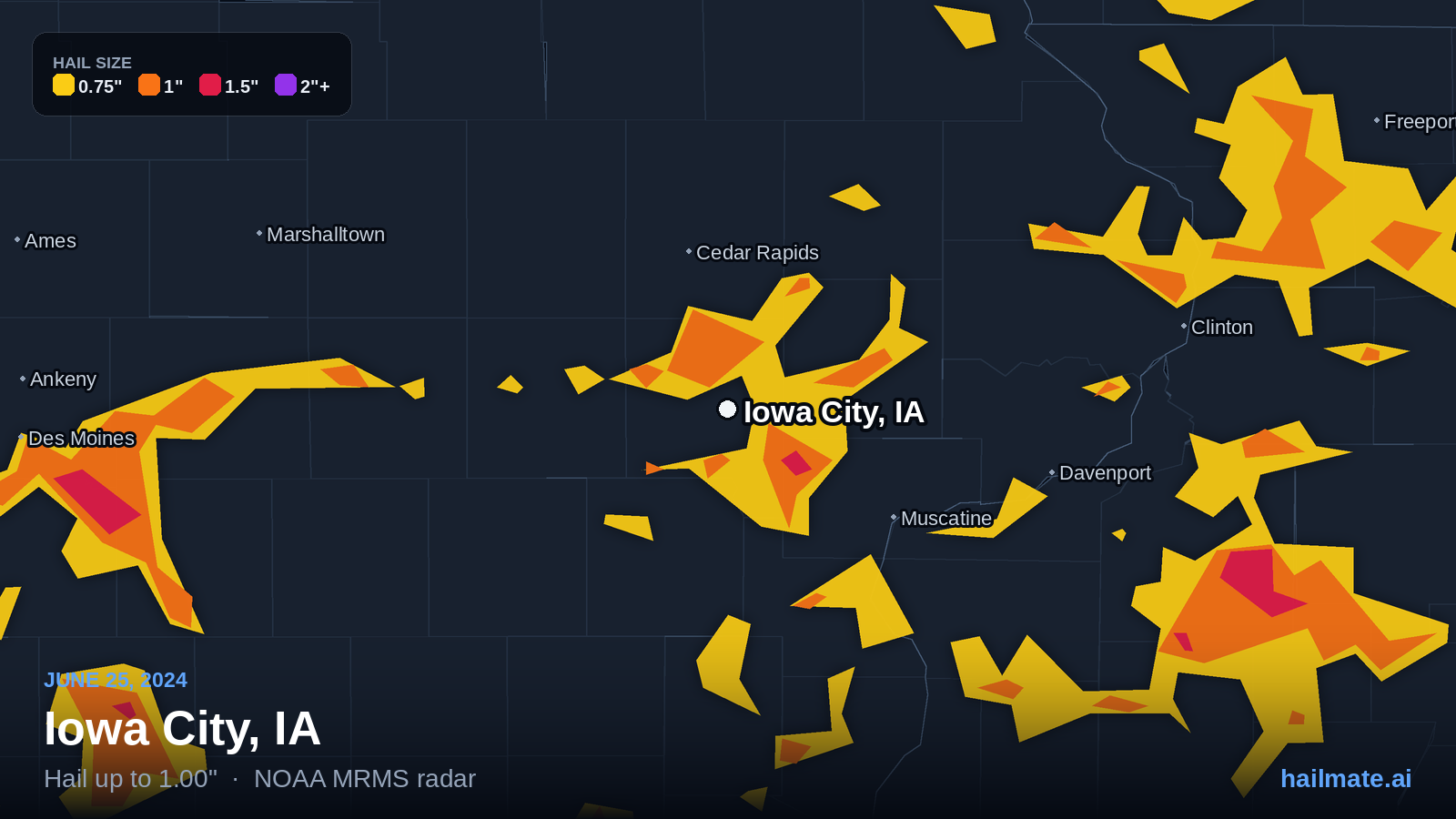 Hail swath map for Iowa City, IA on June 25, 2024 showing 1.00 inch hail.