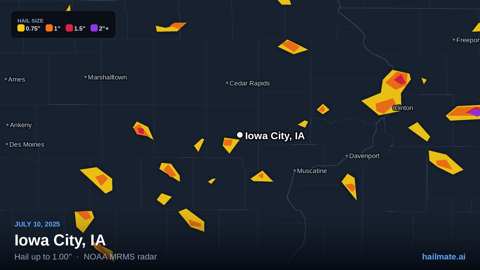 Hail swath map for Iowa City, IA on July 10, 2025 showing 1.00 inch hail.