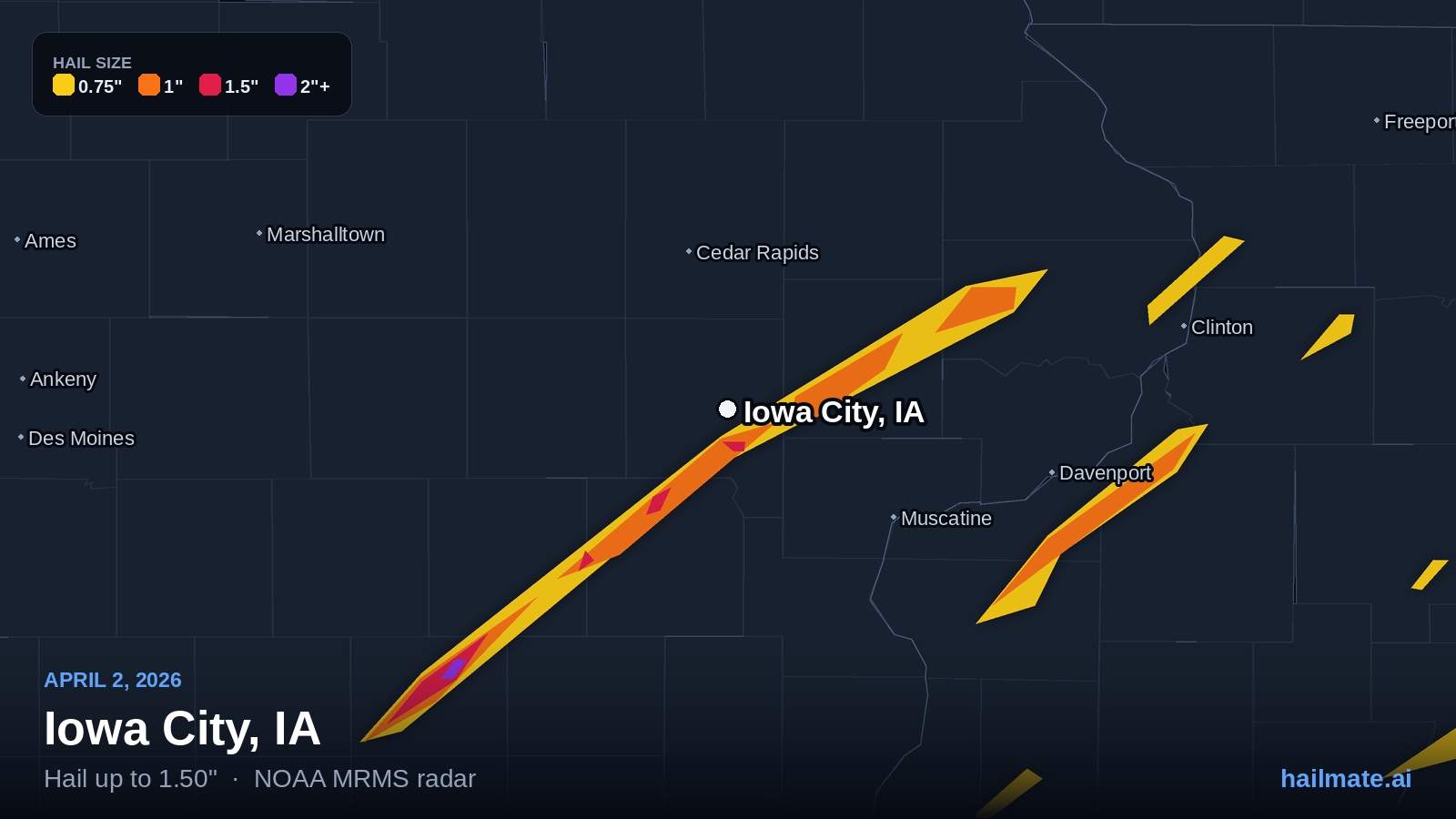 Hail swath map for Iowa City, IA on April 2, 2026 showing 1.50 inch hail.