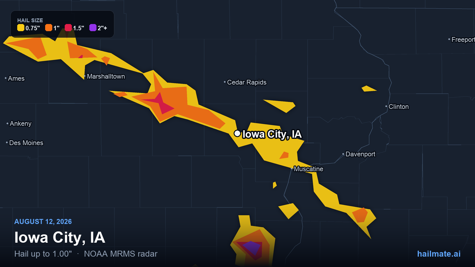 Hail swath map showing 1.00 inch hail over Iowa City, Iowa on August 12, 2026.