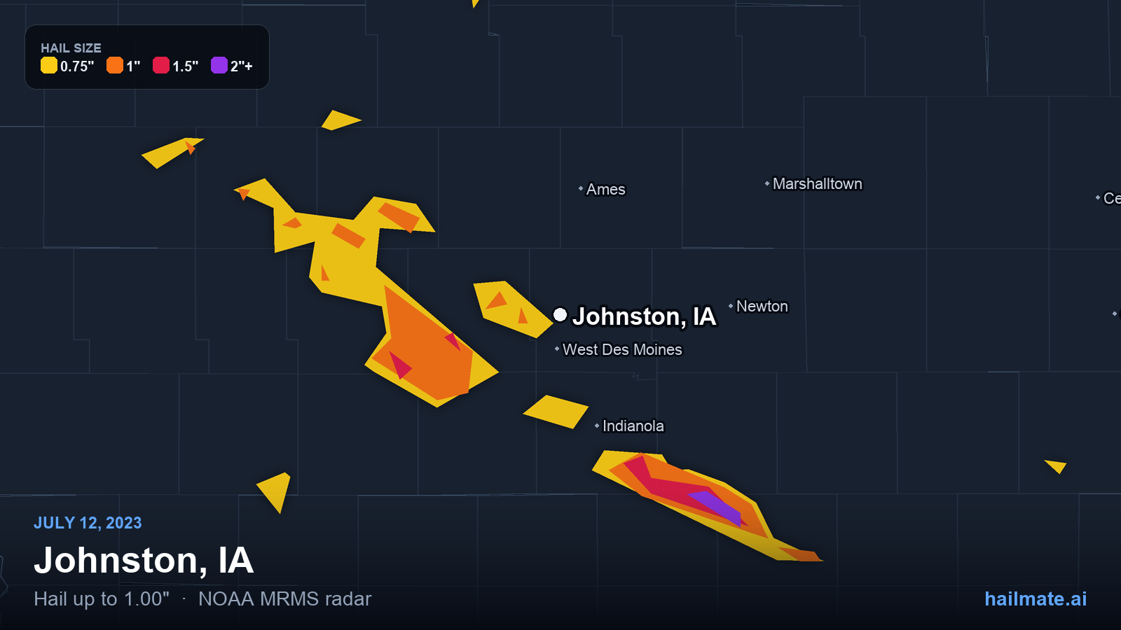 Hail swath map for Johnston, IA on July 12, 2023 showing 1.00 inch hail.