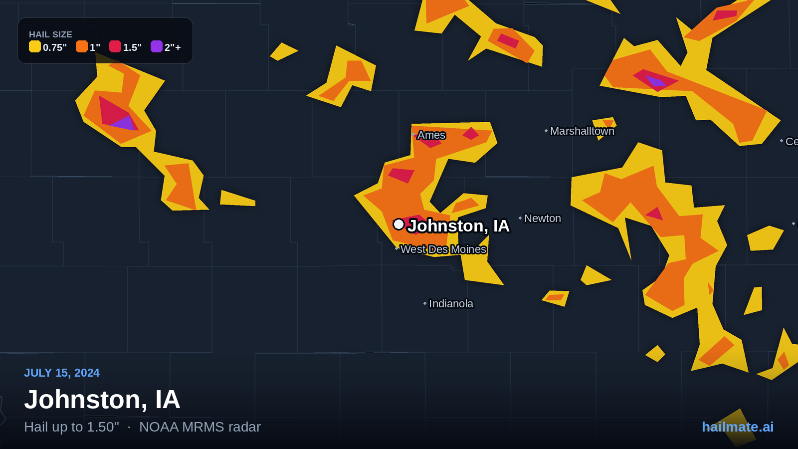 Hail swath map for Johnston, IA on July 15, 2024 showing 1.50 inch hail.