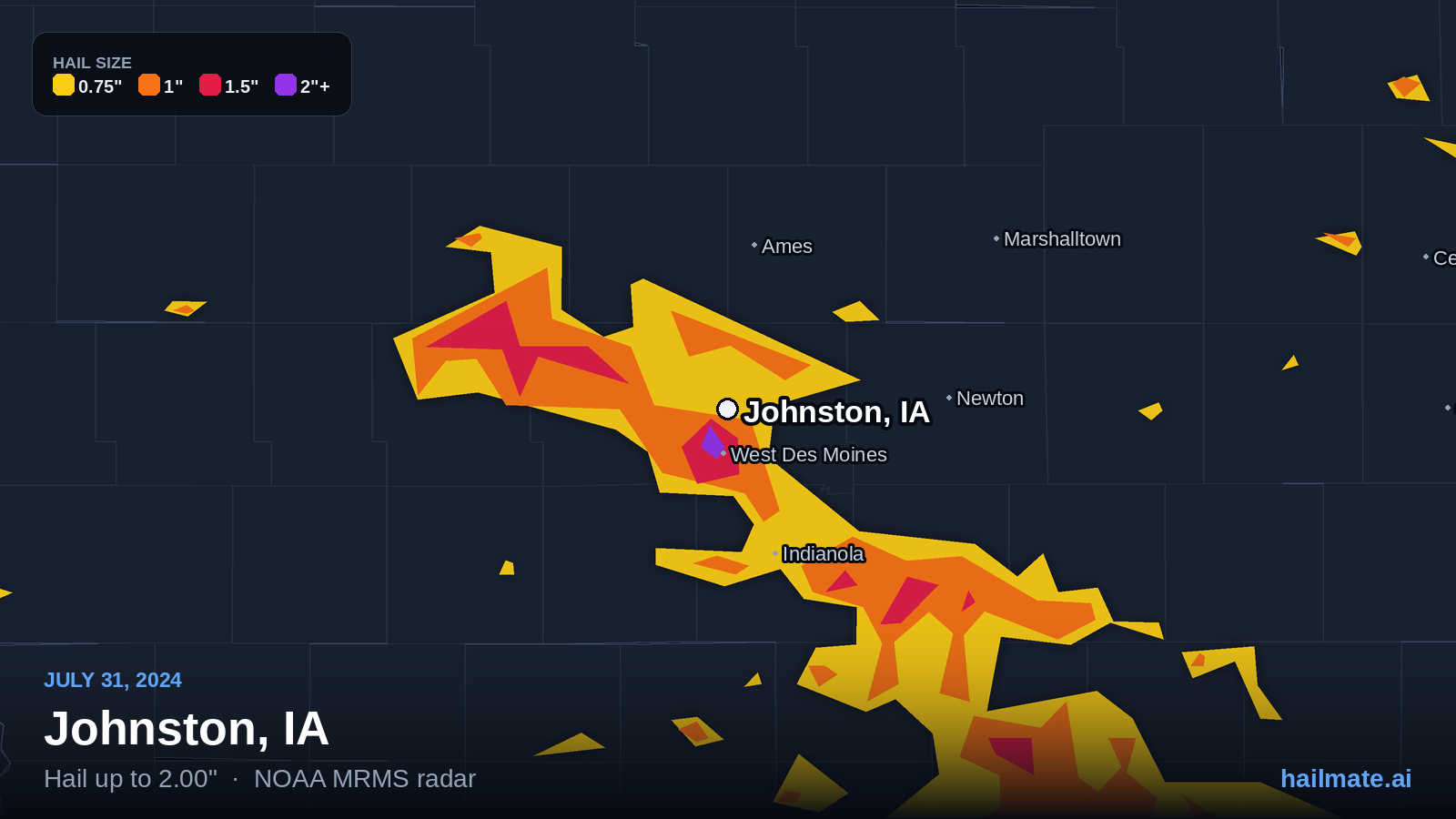 Hail swath map for Johnston, IA on July 31, 2024 showing 2.00 inch hail.