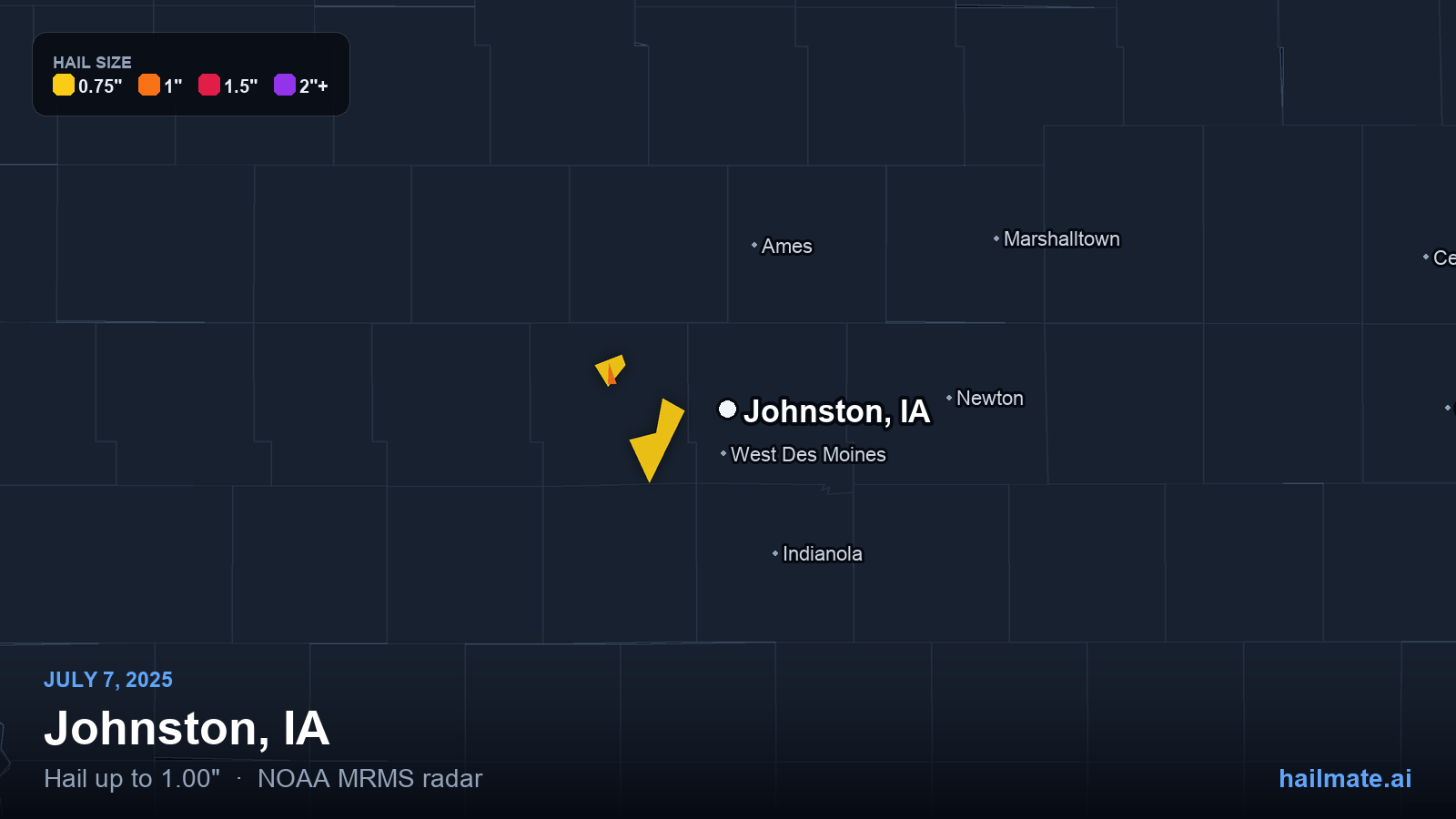 Hail swath map for Johnston, IA on July 7, 2025 showing 1.00 inch hail.